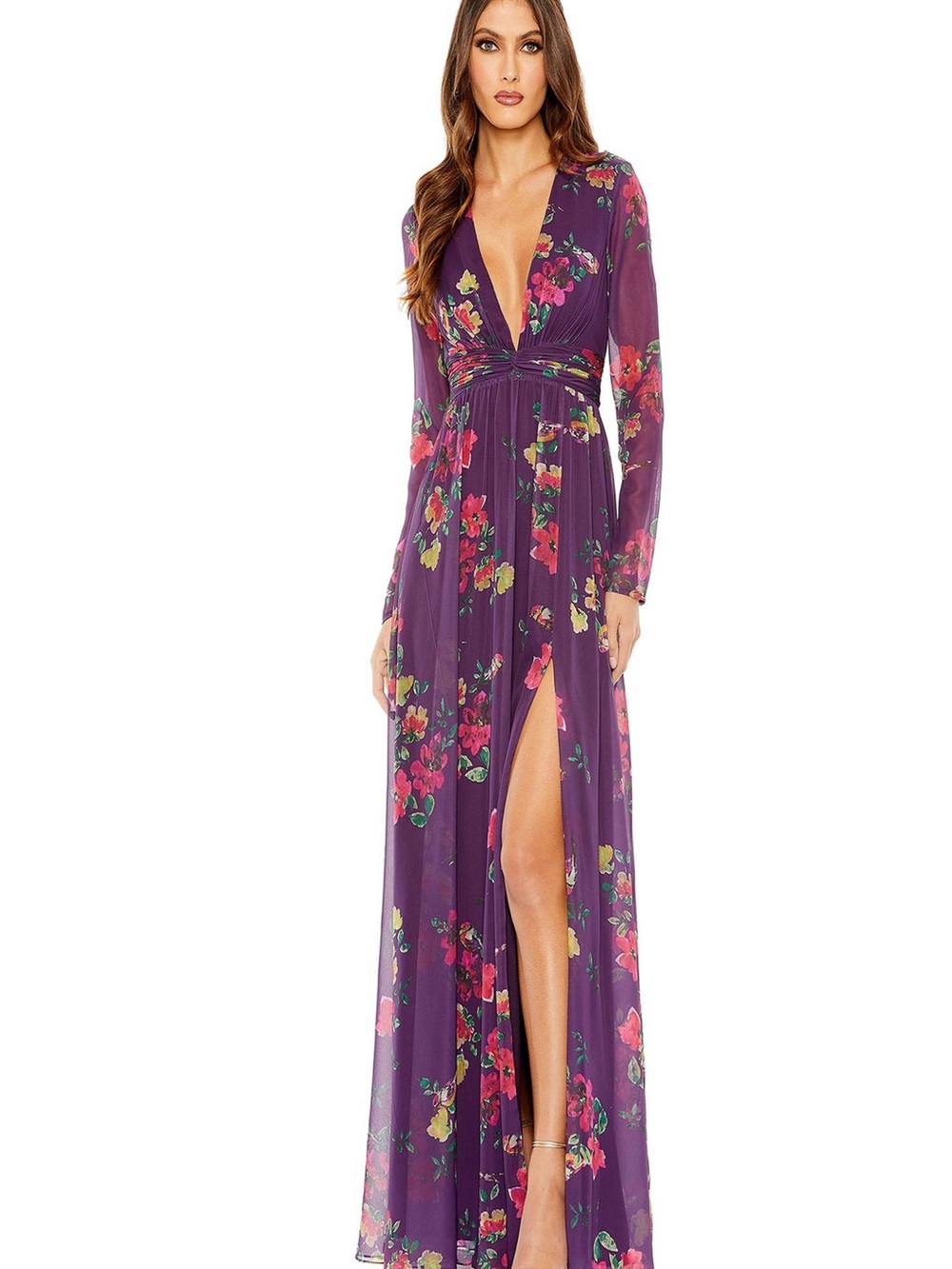 Mac Duggal Purple Floral Long Sleeve Maxi with High Slit
